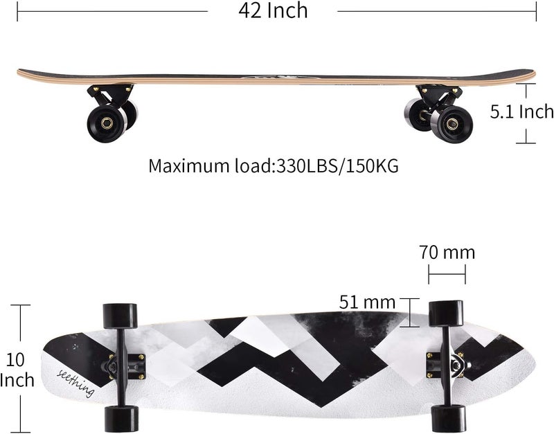 Seething 42 Inch Longboard Skateboard Complete Cruiser Pintail,The Original Artisan Maple Skateboard Cruiser Pintail for Cruising, Carving, Free-Style and Downhill - Image 2